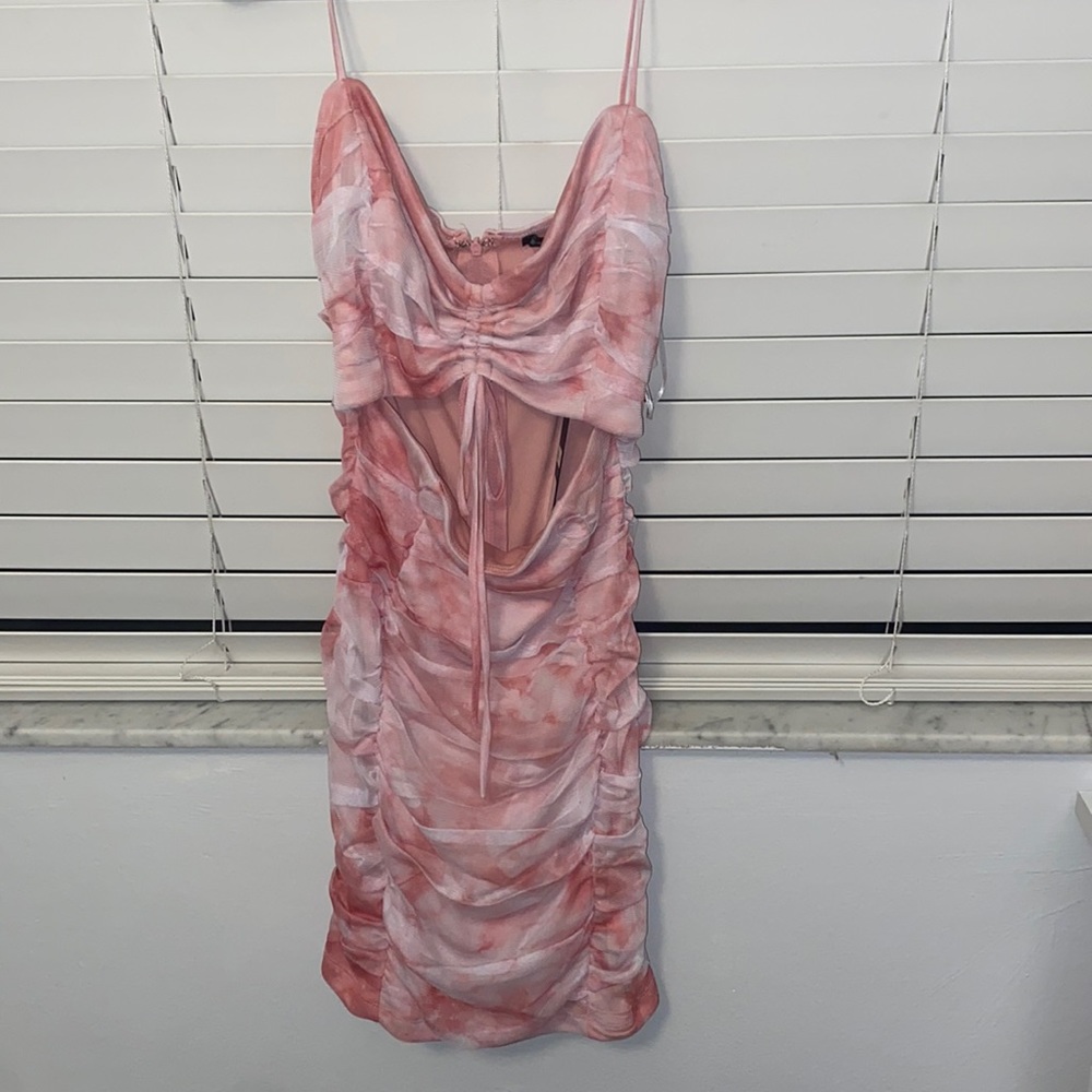 tye dye pink rouched open front mini dress